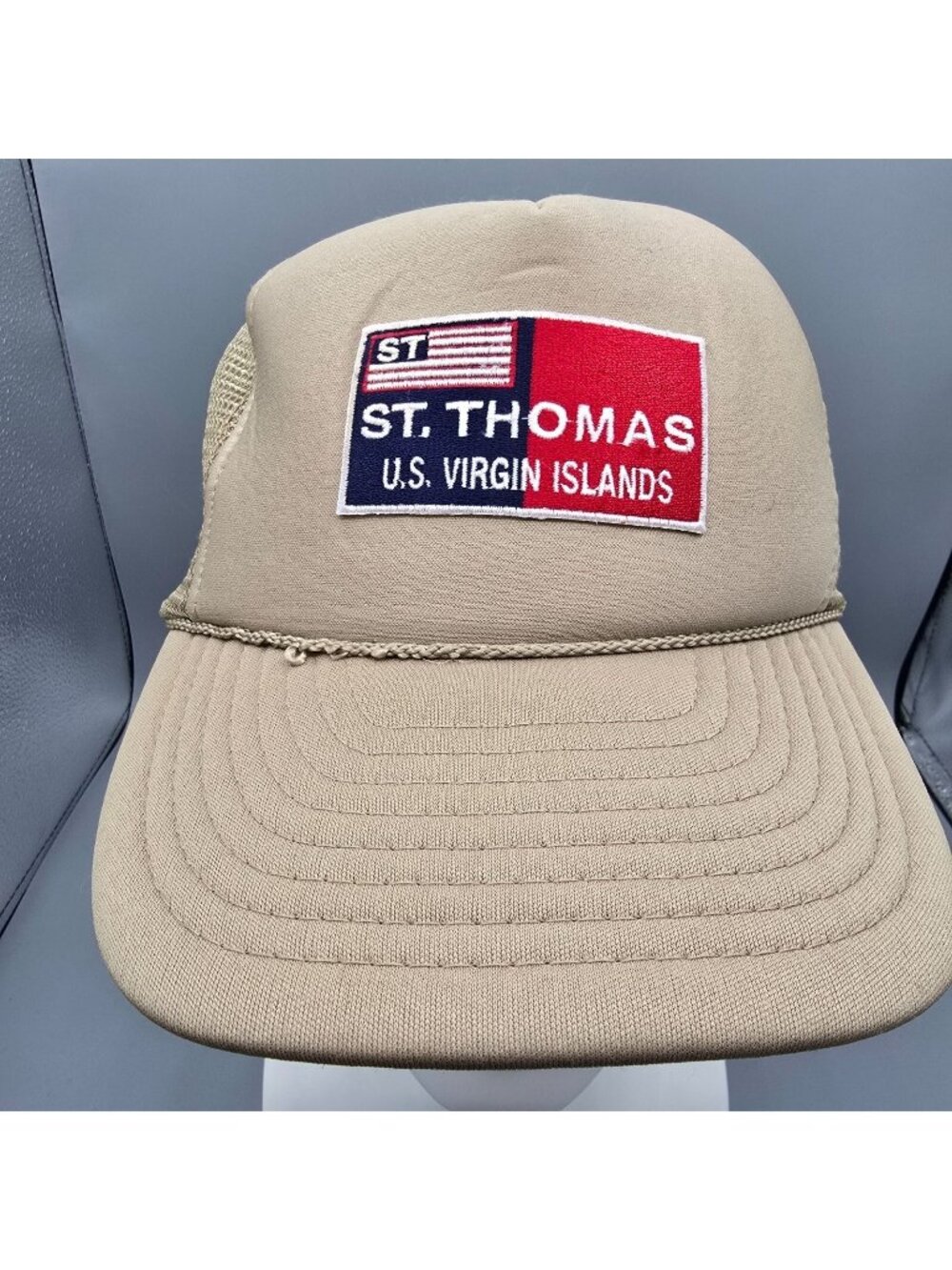 Vintage St. Thomas U.S. Virgin Islands Flag Patch Beige Nissun Cap Trucker Hat